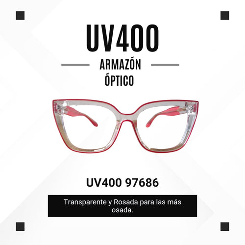 Armazón de ACETATO (TR90) marca UV400 color Transparente + Cristales Ópticos CR39 con AR, protección 100% UV.