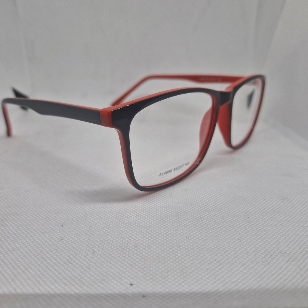 Armazón de ACETATO marca ALTERNA color NEGRO y ROJO + Cristales Ópticos CR39 con capa AR, protección 100% UV.