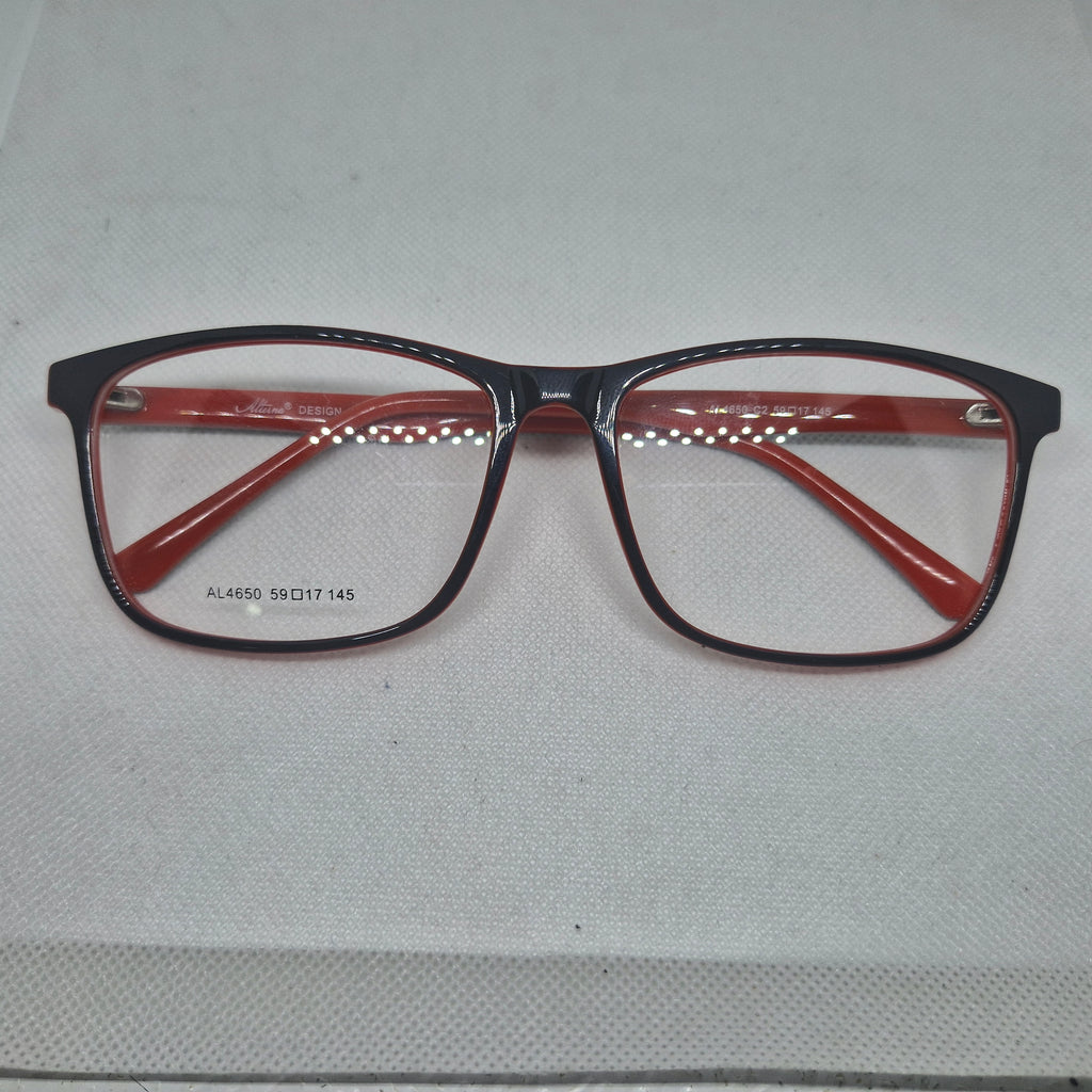 Armazón de ACETATO marca ALTERNA color NEGRO y ROJO + Cristales Ópticos CR39 con capa AR, protección 100% UV.