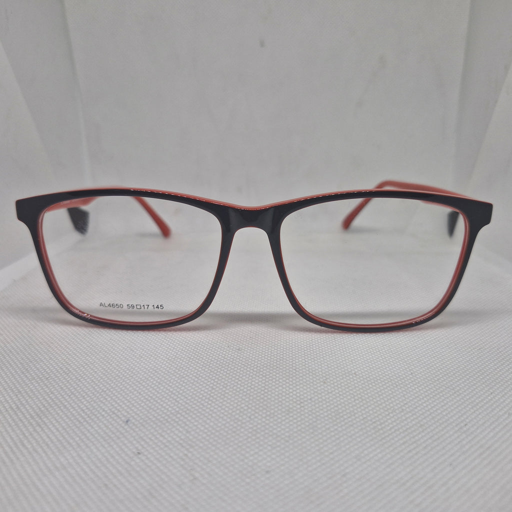 Armazón de ACETATO marca ALTERNA color NEGRO y ROJO + Cristales Ópticos CR39 con capa AR, protección 100% UV.