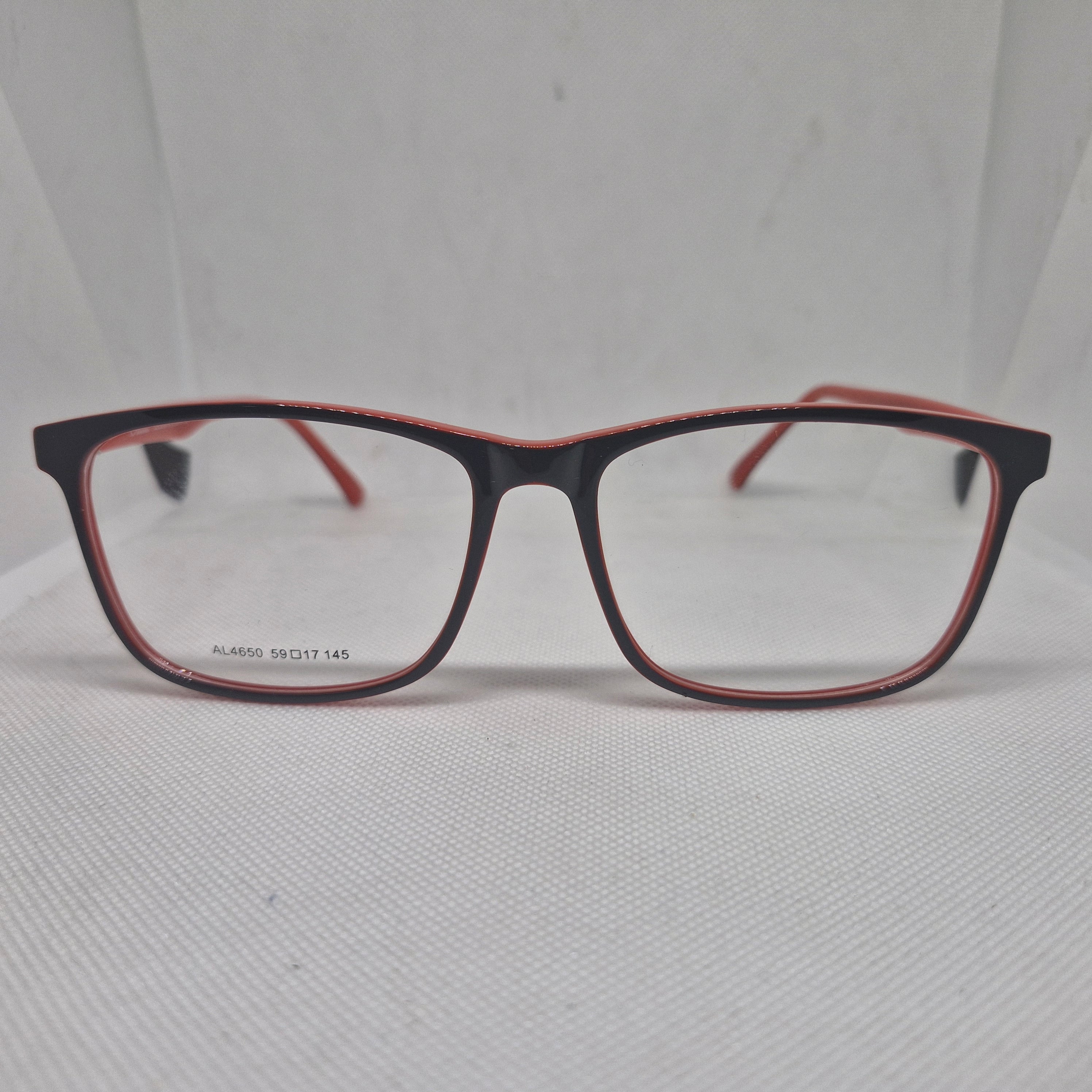 Armazón de ACETATO marca ALTERNA color NEGRO y ROJO + Cristales Ópticos CR39 con capa AR, protección 100% UV.